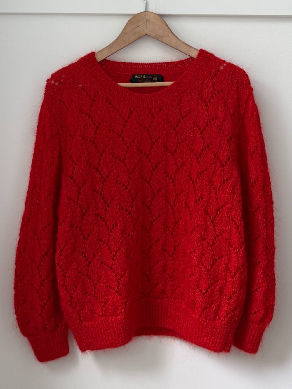 Vintage SOFIL Tourcoing France Hand Knitted Red Mohair Chevron Sweater